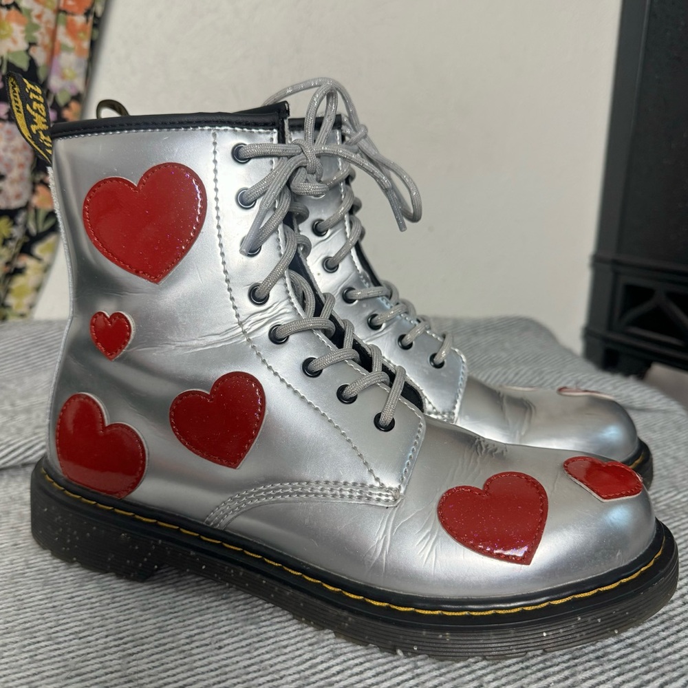 Dr. Martens Silver Combat Boots with Red Heart Accents - Picture 2 of 6
